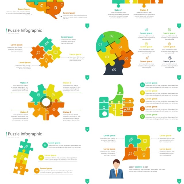 彩色拼图信息图PPT素材模板Wide Light Puzzle Infographic