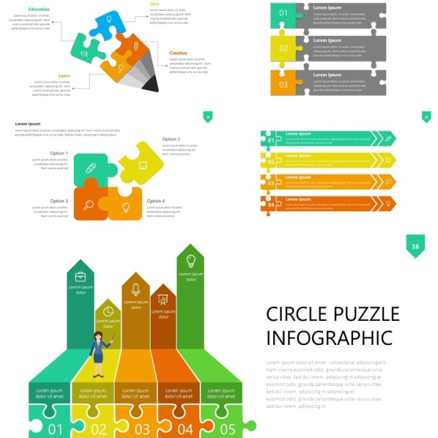 彩色拼图信息图PPT素材模板Wide Light Puzzle Infographic