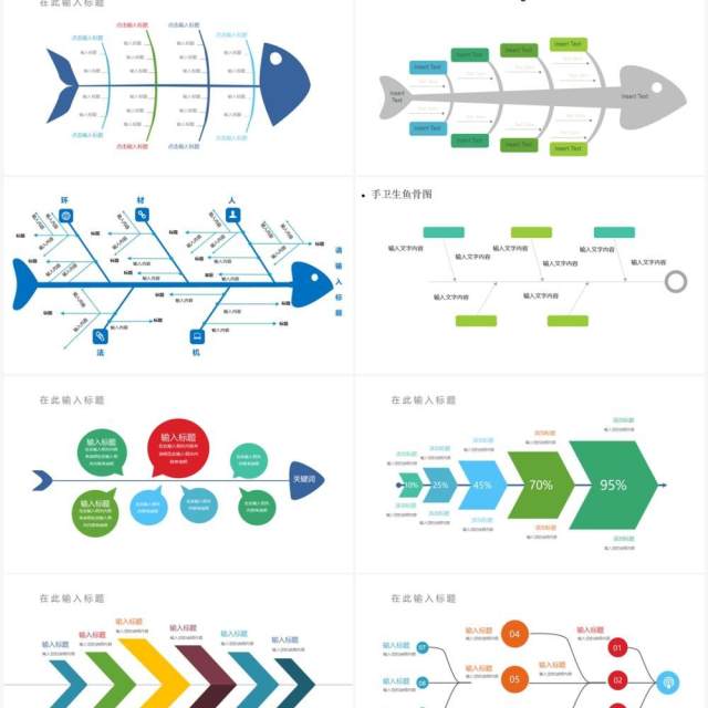 20页蓝色鱼骨图可视化图表集PPT模板