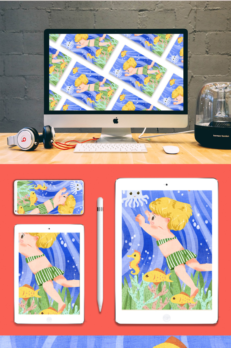 清新可爱蓝色孩子放暑假游泳玩耍插画