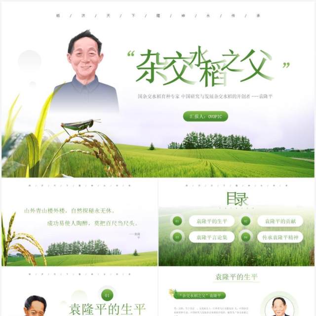 绿色简约风袁隆平院士生平介绍PPT模板 绿色简约风袁隆平院士生平介绍PPT模板