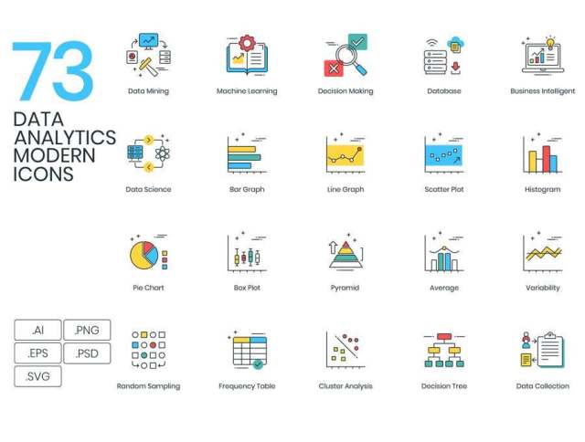 大数据项目的73矢量基于颜色线图标的集合。，现代数据分析图标