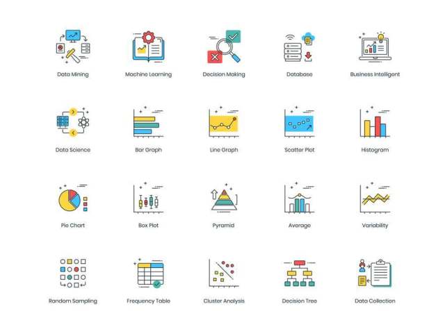 大数据项目的73矢量基于颜色线图标的集合。，现代数据分析图标