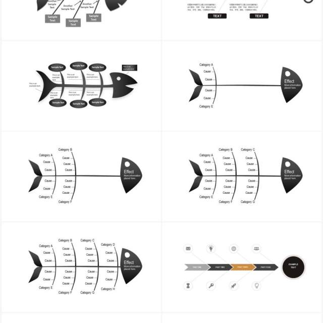 黑白鱼骨图可视化图表集PPT模板素材