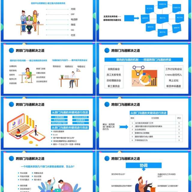 蓝色卡通企业跨部门沟通与协作员工管理培训通用PPT模板