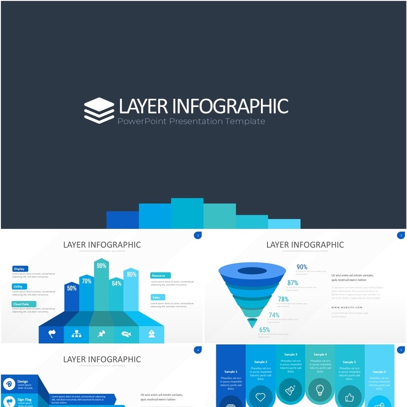 蓝色图层结构信息图PPT模板素材Wide Blue Light Layer Infographic