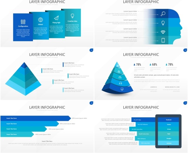 蓝色图层结构信息图PPT模板素材Wide Blue Light Layer Infographic