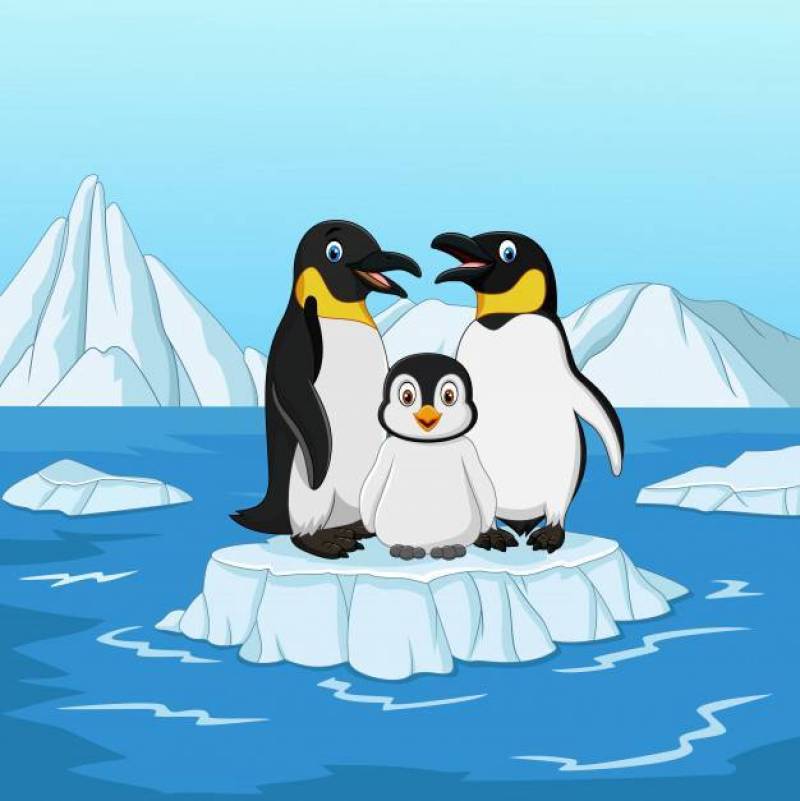站立在冰川的动画片愉快的企鹅家庭