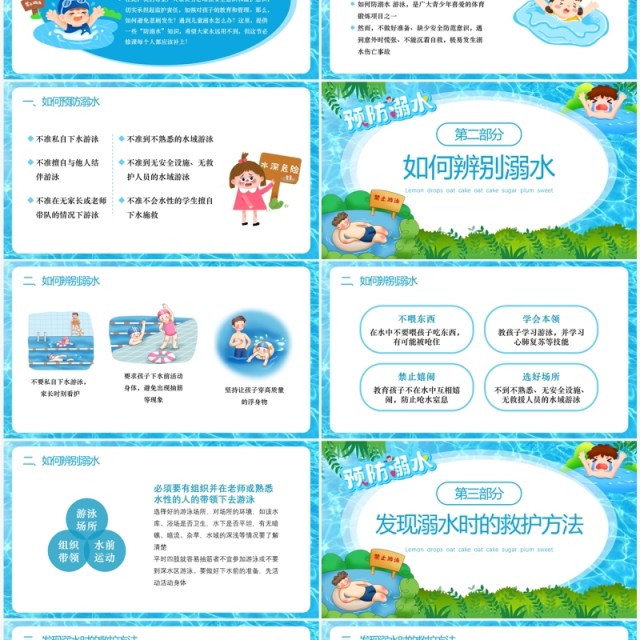 蓝色卡通风中小学生防溺水PPT模板