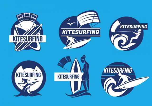 Kiteboarding乐趣在海洋Kitesurfing标签矢量中的一套