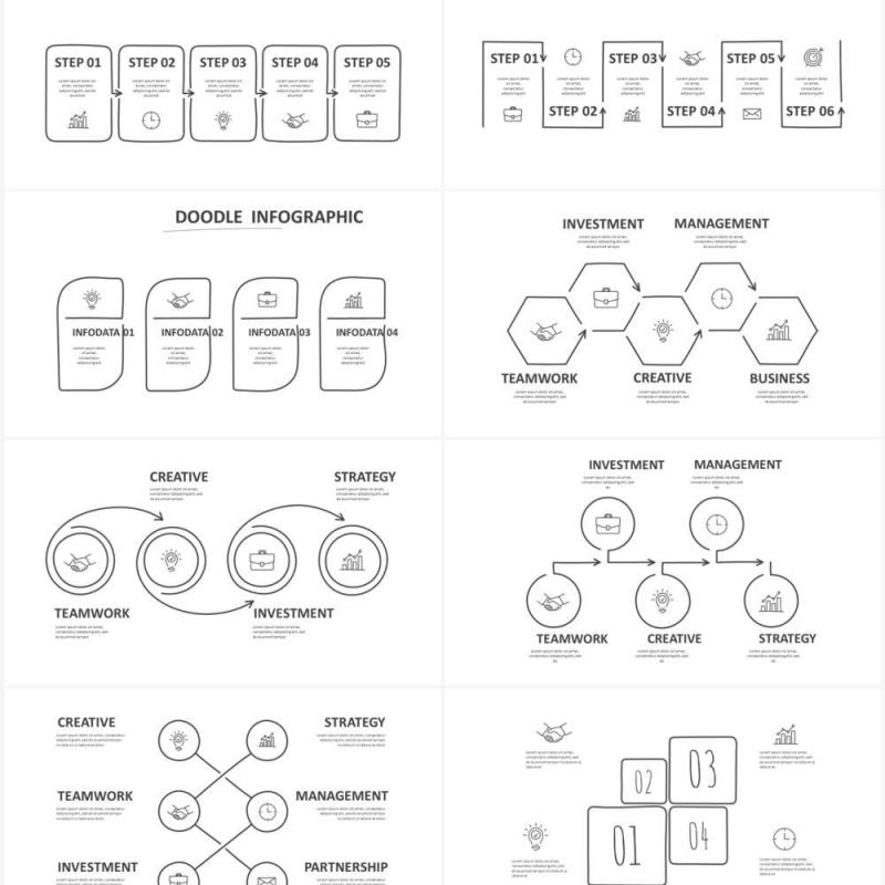 黑白涂鸦创意信息图表图形PPT素材元素Doodle v3