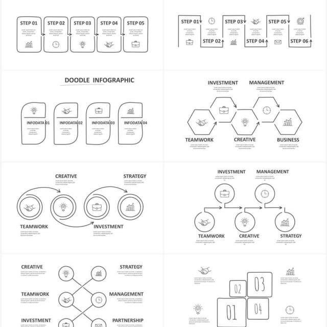 黑白涂鸦创意信息图表图形PPT素材元素Doodle v3