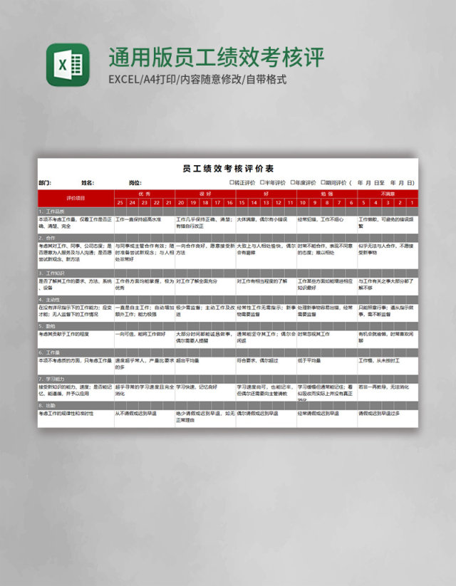 通用版员工绩效考核评价Excel表格