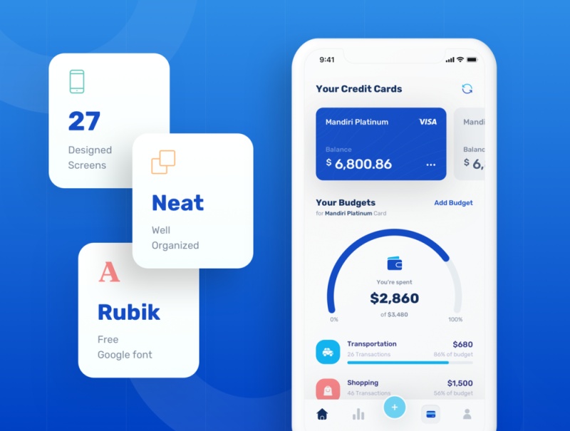 Banky共有27种屏幕设计和50多种符号，可帮助您为银行应用程序创建原型，Banky - Finance App UI Kit