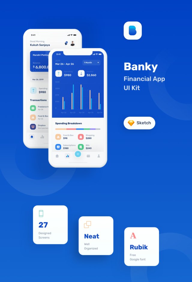 Banky共有27种屏幕设计和50多种符号,可帮助您为银行应用程序创建原型,Banky - Finance App UI Kit Banky共有27种屏幕设计和50多种符号,可帮助您为银行应用程序创建原型,Banky - Finance App UI Kit