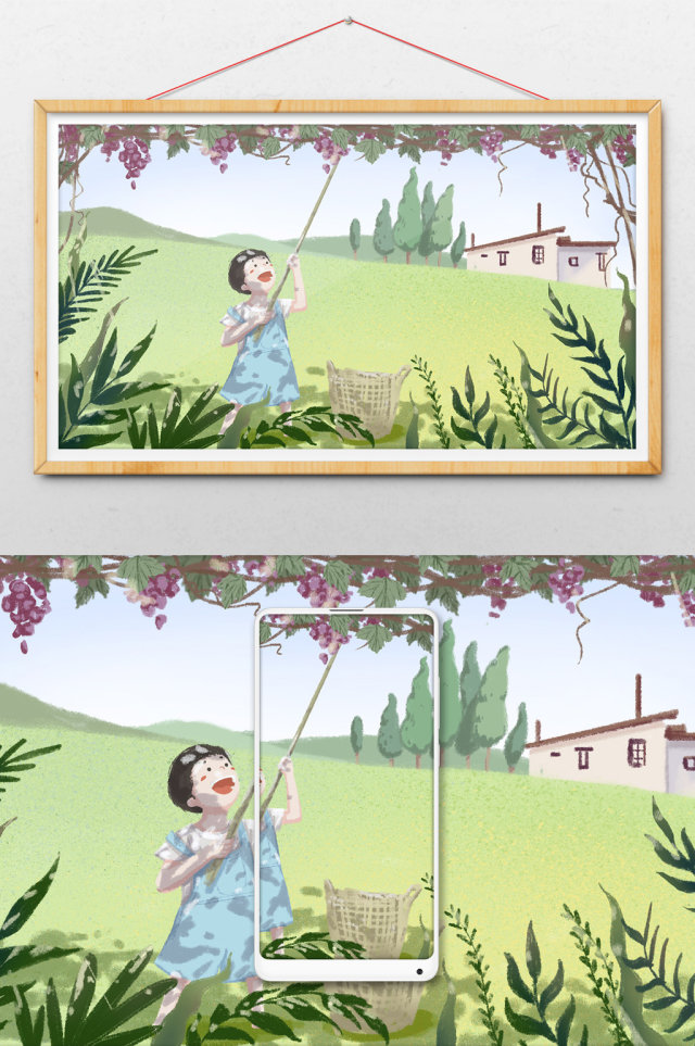 乡村小男孩采葡萄插画 乡村小男孩采葡萄插画