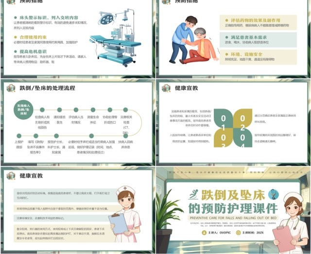 绿色插画风跌倒及坠床的预防护理PPT模板 绿色插画风跌倒及坠床的预防护理PPT模板