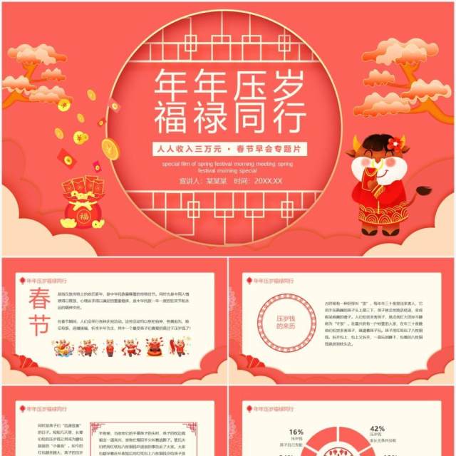 年年压岁福禄同行人人收入三万元春节早会专题片动态PPT模板 年年压岁福禄同行人人收入三万元春节早会专题片动态PPT模板