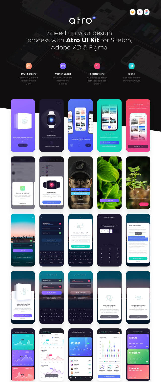 适用于Sketch,Adobe XD和Figma。,Atro Mobile UI Kit的100多个移动屏幕UI工具包 适用于Sketch,Adobe XD和Figma。,Atro Mobile UI Kit的100多个移动屏幕UI工具包