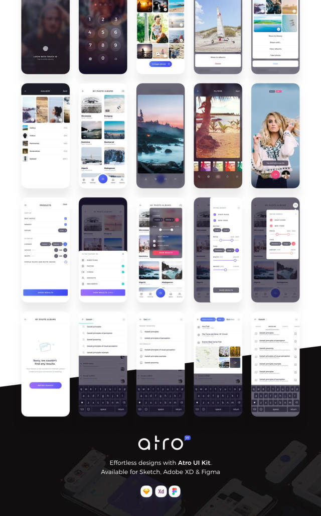 适用于Sketch,Adobe XD和Figma。,Atro Mobile UI Kit的100多个移动屏幕UI工具包 适用于Sketch,Adobe XD和Figma。,Atro Mobile UI Kit的100多个移动屏幕UI工具包