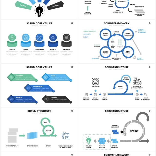 蓝绿色并列关系信息图表PPT素材SCRUM Google Slides Template