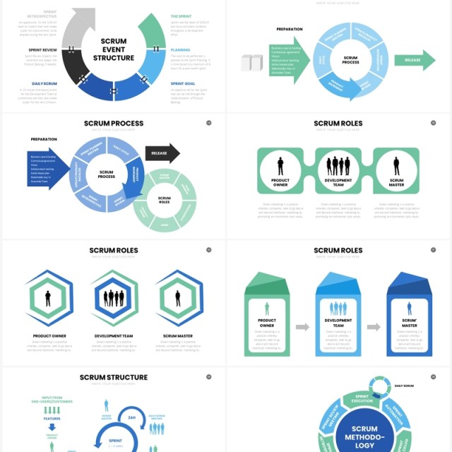 蓝绿色并列关系信息图表PPT素材SCRUM Google Slides Template