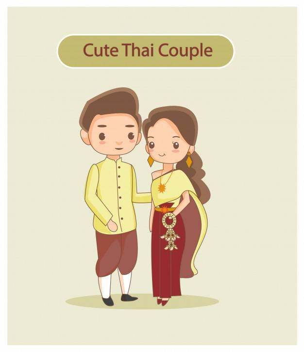 可爱的泰国情侣在传统服饰。