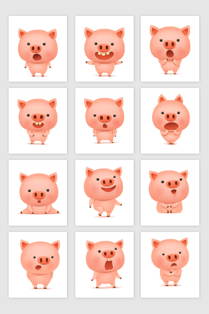 十二只不同可爱3D立体小猪设计素材