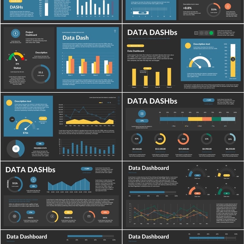 蓝灰色市场数据分析仪表盘可视化信息图表ppt素材