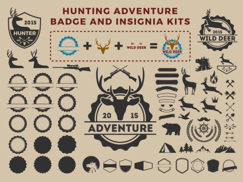 狩猎和冒险徽章标志元素成套工具为创作者