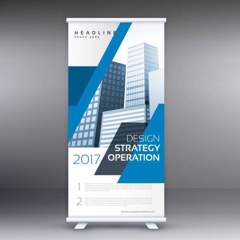 蓝色业务卷起standee横幅模板设计