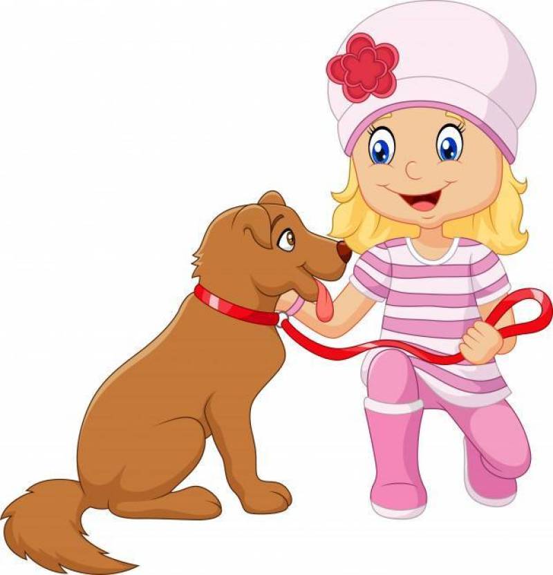 Cartoon girl with her dog isolated on white background