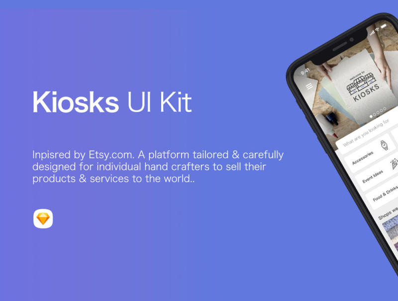 草图iOS UI套件灵感来自Etsy.com，Kiosks UI Kit