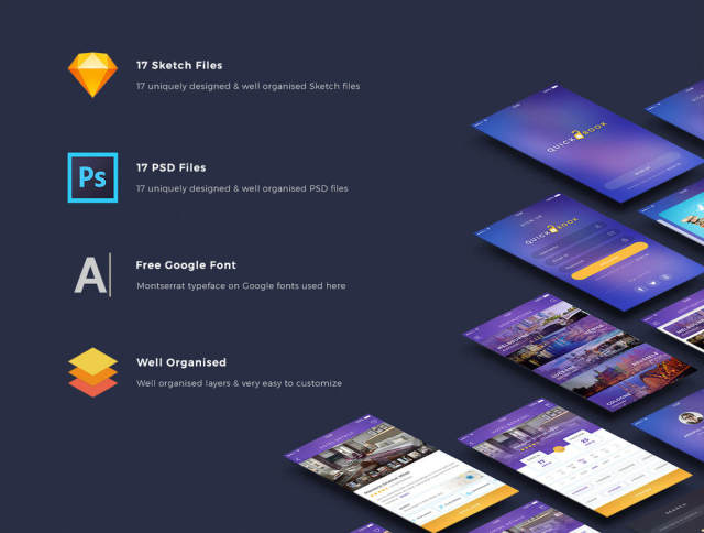 完美酒店预订iOS UI Kit for Photoshop＆Sketch。，QuickBook iOS UI套件