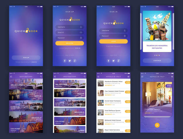 完美酒店预订iOS UI Kit for Photoshop＆Sketch。，QuickBook iOS UI套件