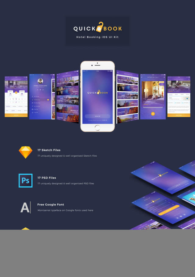 完美酒店预订iOS UI Kit for Photoshop＆Sketch。，QuickBook iOS UI套件