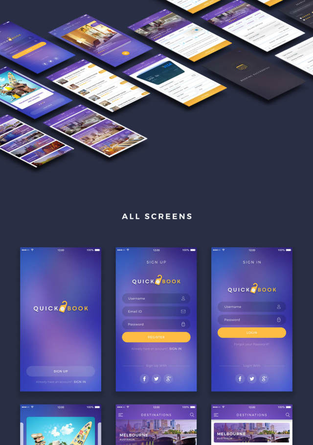 完美酒店预订iOS UI Kit for Photoshop＆Sketch。，QuickBook iOS UI套件