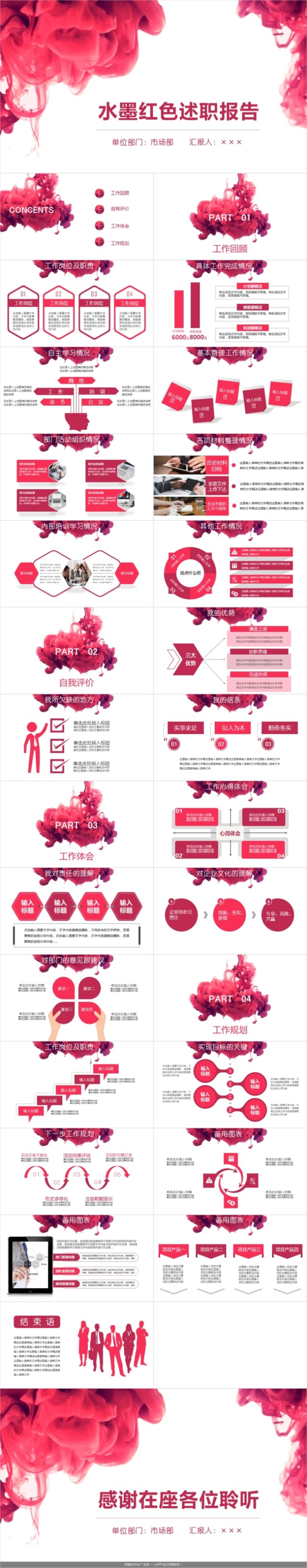 红色水墨水彩个人述职报告总结汇报PPT