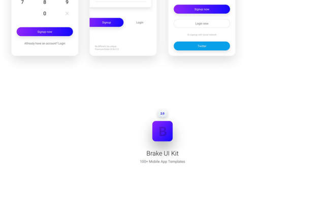 独特，时尚且超大的UI工具包，包含100多种移动应用模板.Brake UI Kit 2.0