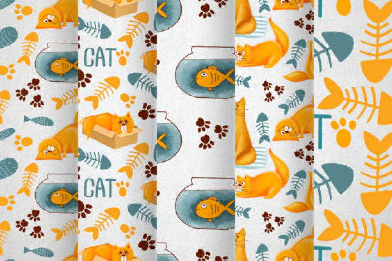 26款可爱欧美卡通动漫猫吃鱼儿童产品包装图案背景PNG免抠素材