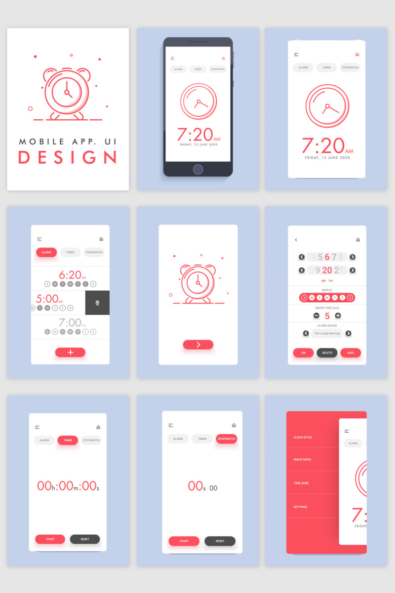 手机闹钟APP软件界面UI设计素材