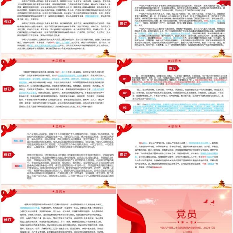 红色简约2022党章新旧对照版PPT模板