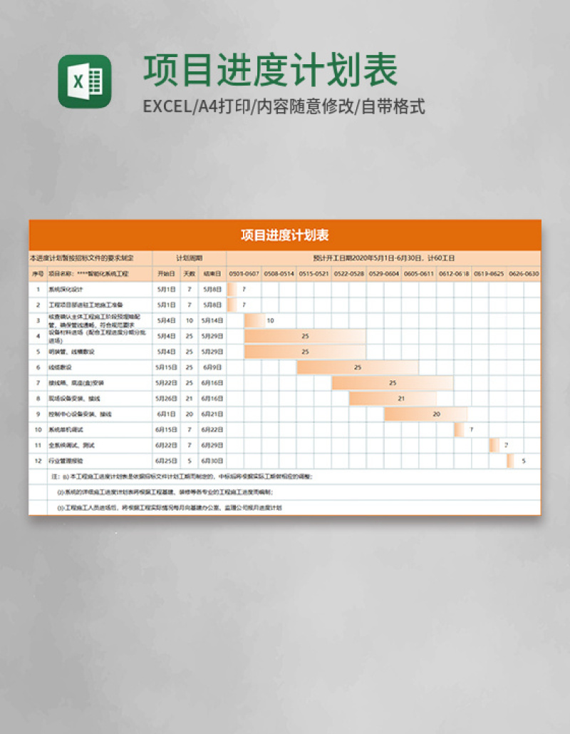 项目进度计划表组织渐变填充通用Excel模板