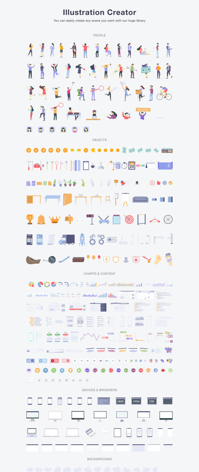 300多个插图,50多个场景,100多个Web和移动UI模板,巨大的插图包和创建者 300多个插图,50多个场景,100多个Web和移动UI模板,巨大的插图包和创建者