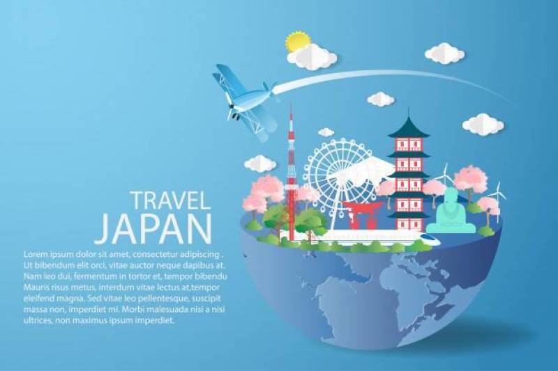 在蓝天的平面飞行与旅行日本概念。
