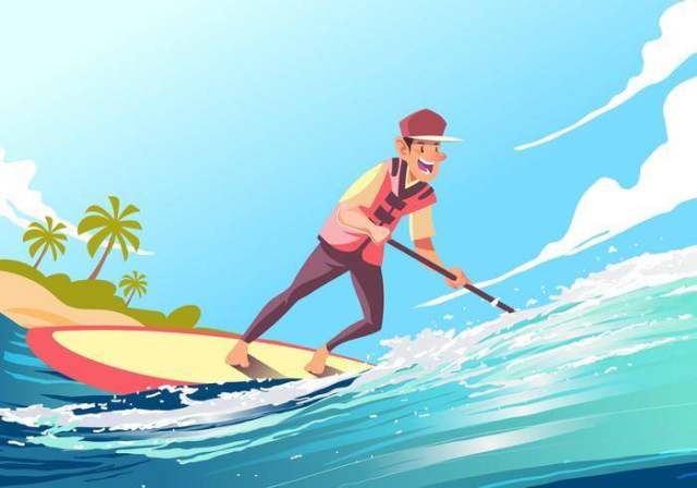 在Paddleboard传染媒介的年轻男性 在Paddleboard传染媒介的年轻男性