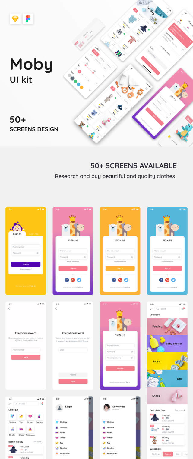 50+ Screen Moby UI Kit - 婴儿电子商务应用程序，Moby电子商务App Ui Kit