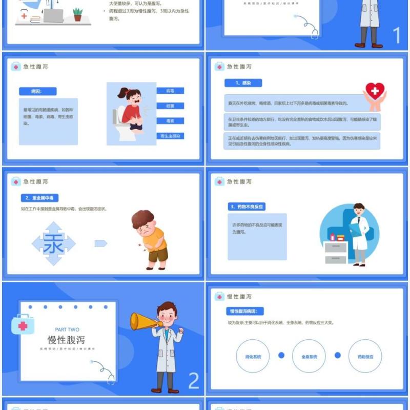 蓝色卡通风夏季腹泻知识讲座PPT模板