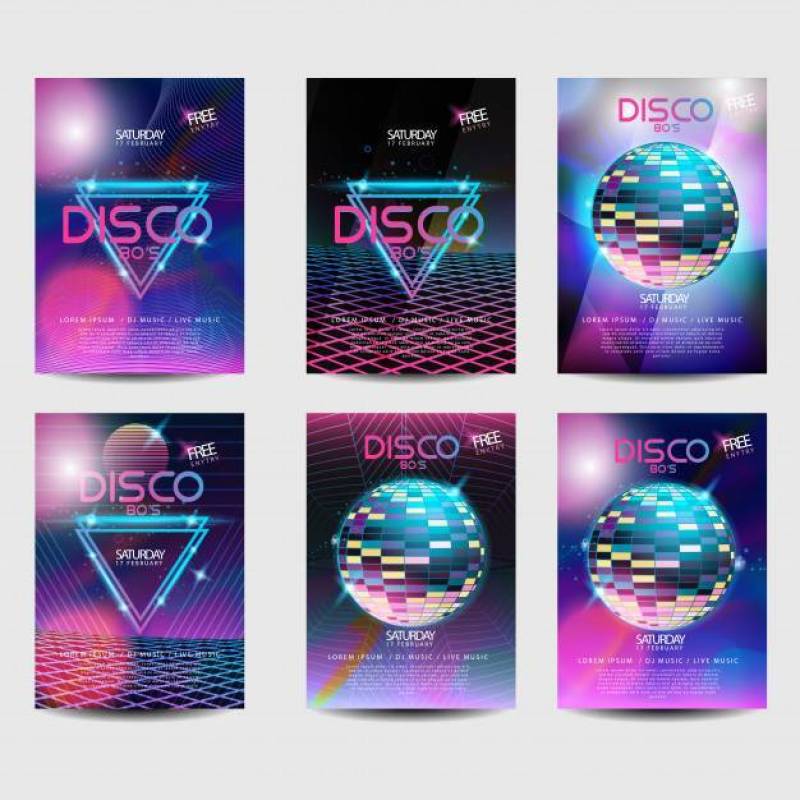 复古海报风格80年代迪斯科设计霓虹灯矢量素材下载