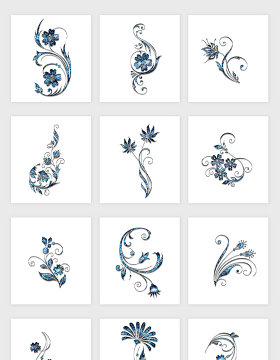 高清免抠蓝色立体装饰花卉花纹图案